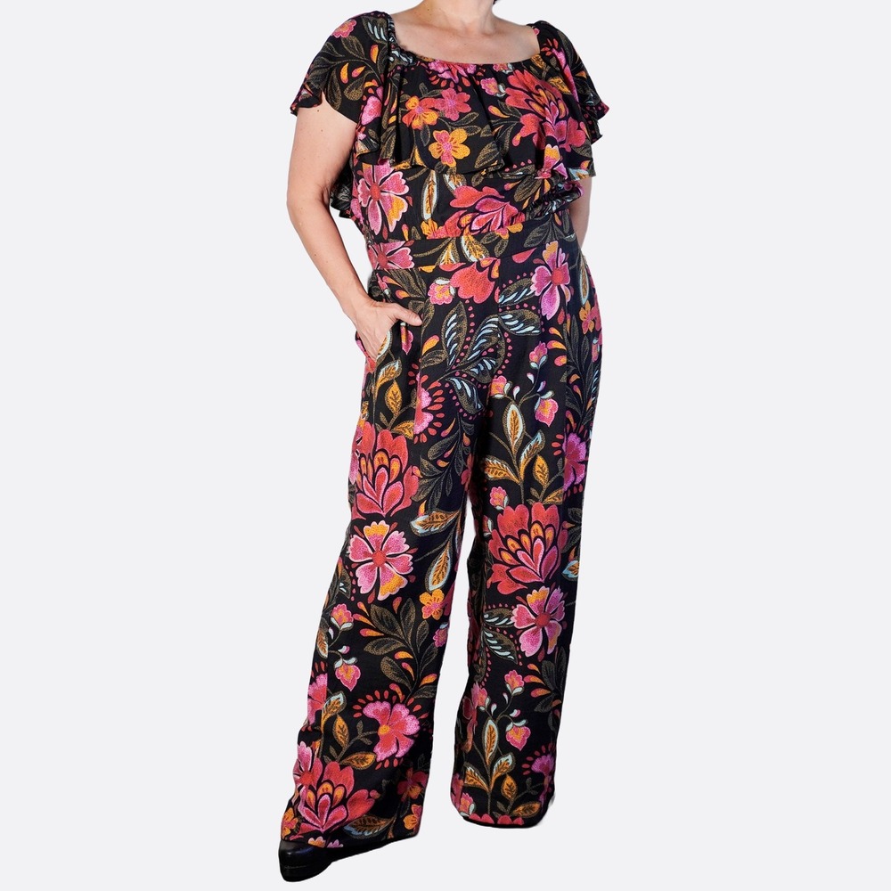 City Chic Jumpsuit Midnight Floral XL 1X Off-Shoulder Wide Leg Palazzo